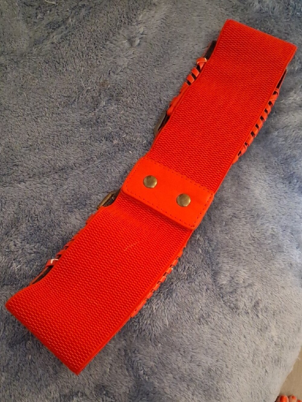 Wide Red Elastic Stretchy Statement Waist Belt with Double Buckle Detail - Picture 2 of 8